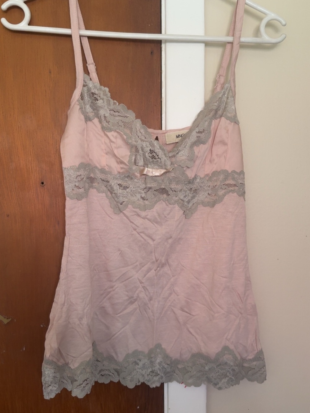 Soft Pink Lace-Trim Chemise with Gray Accents